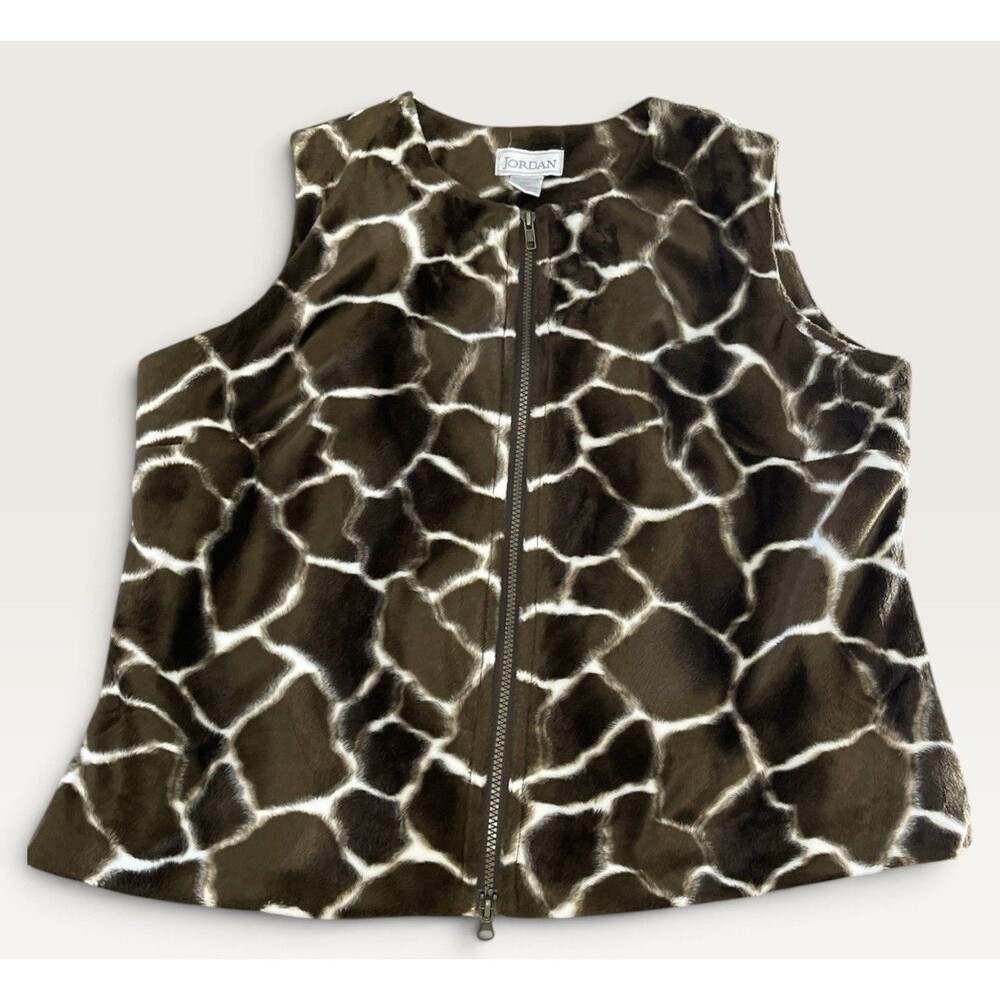 Jordan Giraffe Print Faux Fur Vest Sleeveless Brown Full Zip Womens XL
